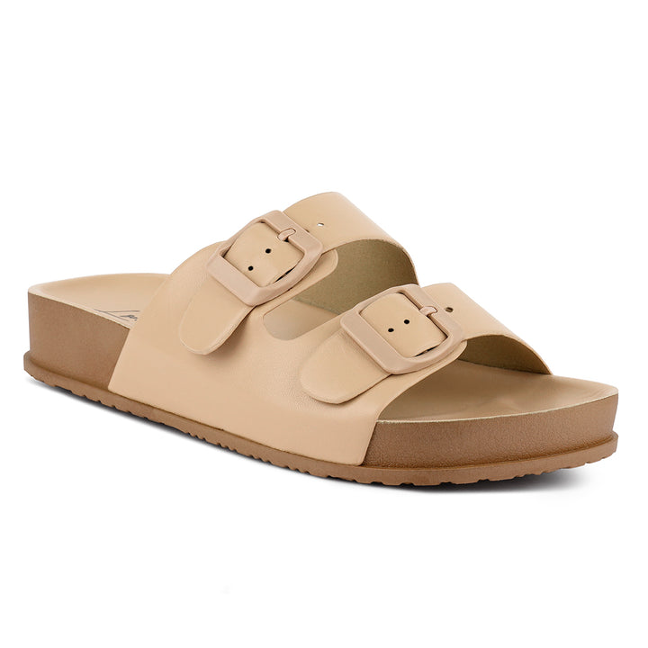 Beige Platform Buckled Slide Sandals