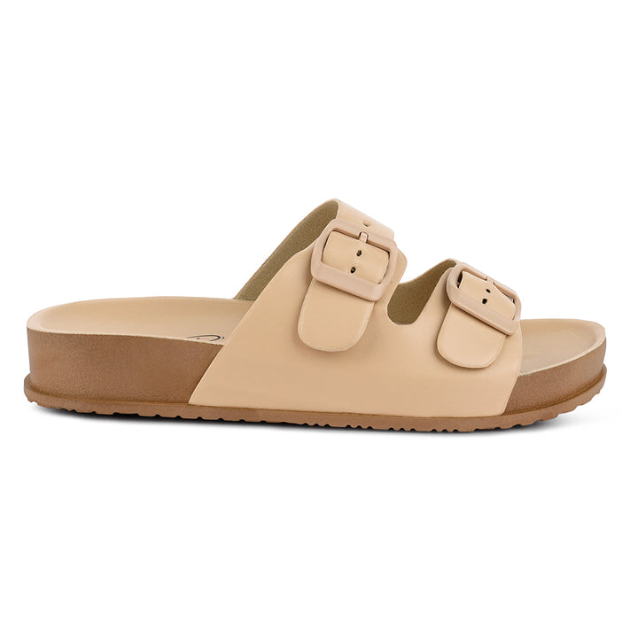 Beige Platform Buckled Slide Sandals