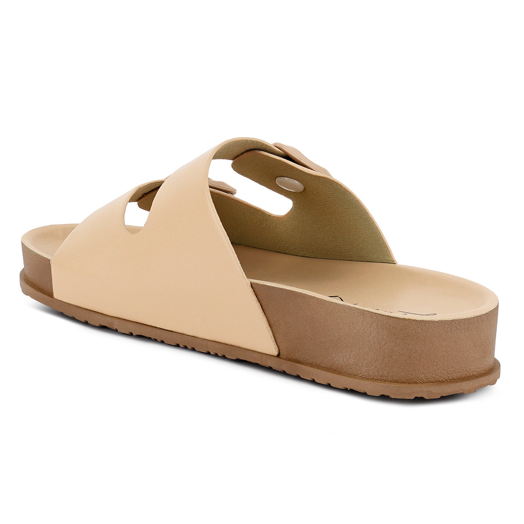 Beige Platform Buckled Slide Sandals