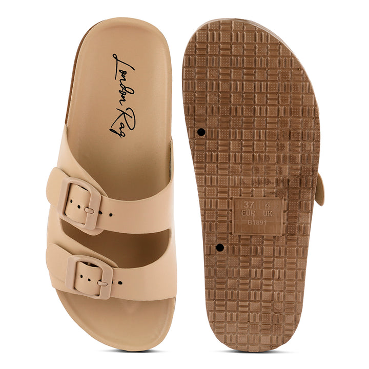 Beige Platform Buckled Slide Sandals