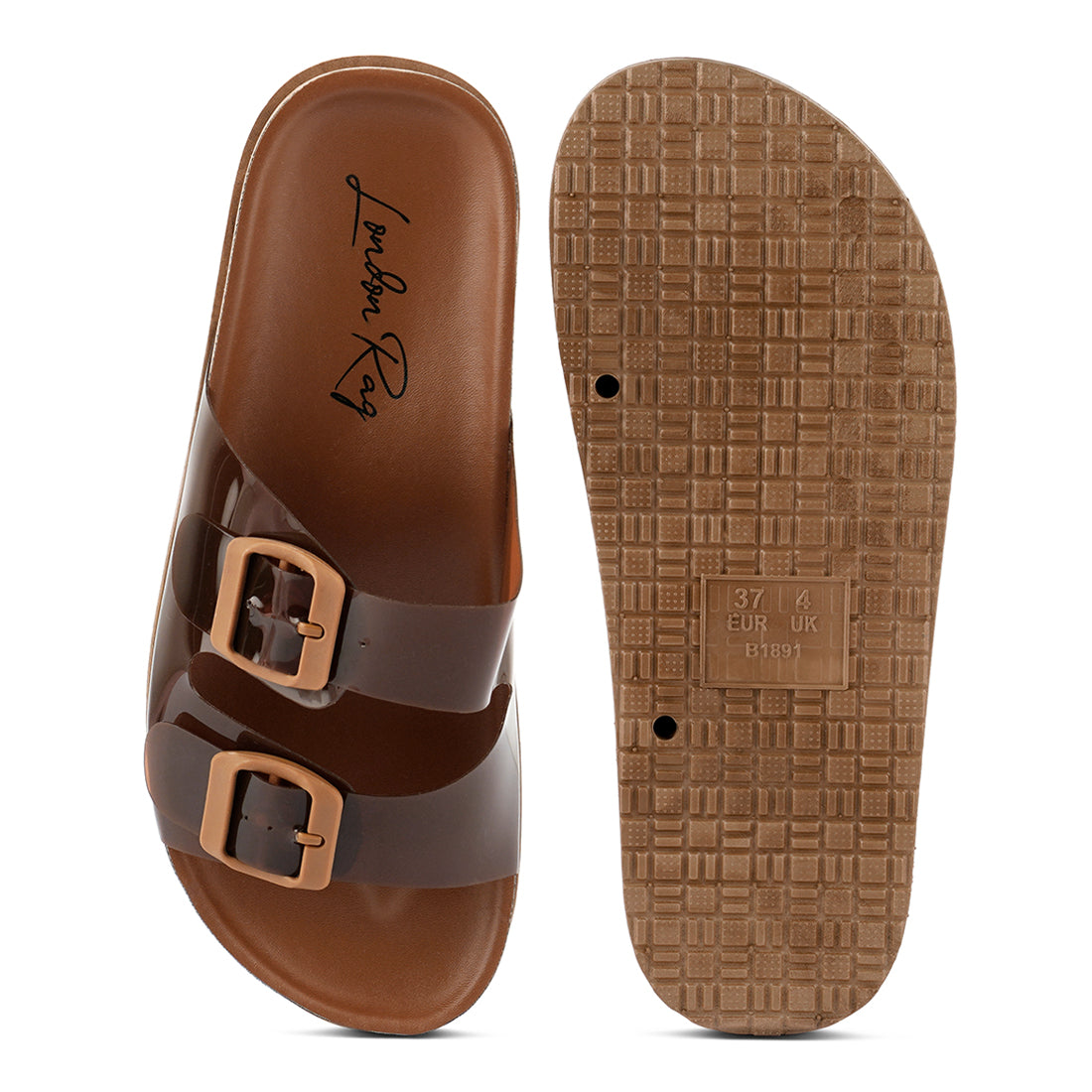 Tan Platform Buckled Slide Sandals