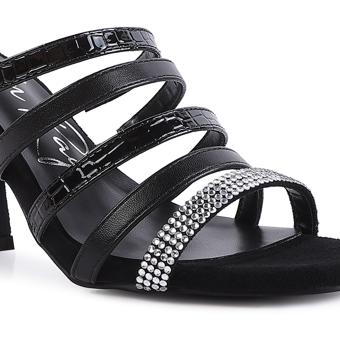Black Multi Strap Diamante Detail Sandals