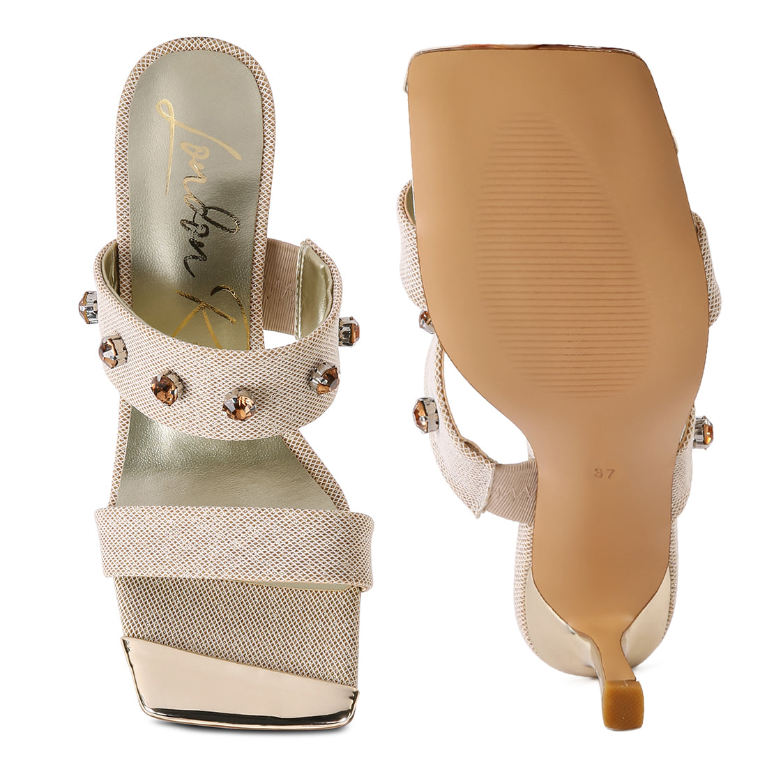 Beige Diamante Adorned Glitter Sandals