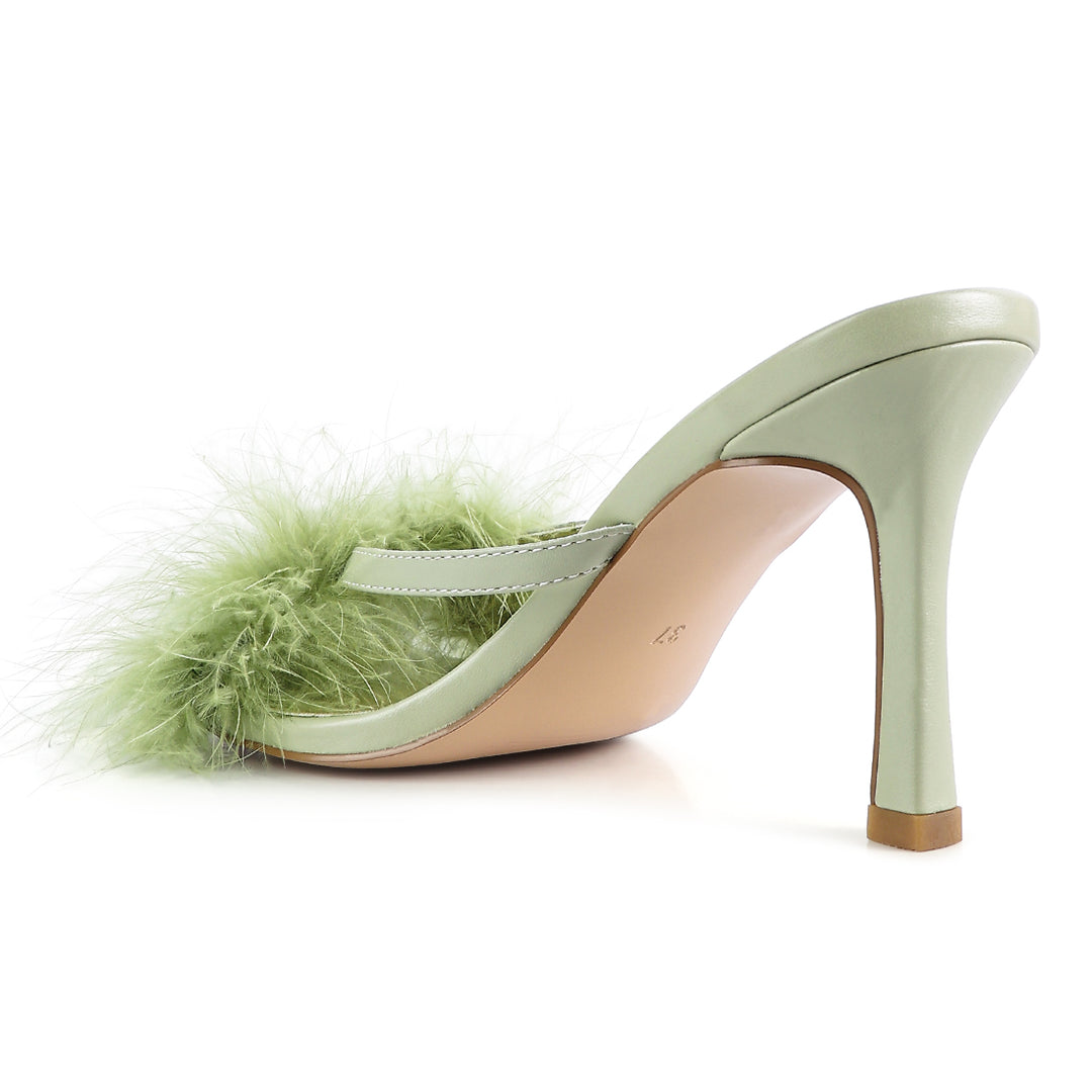 Green Feather Detail Slip-On Sandals