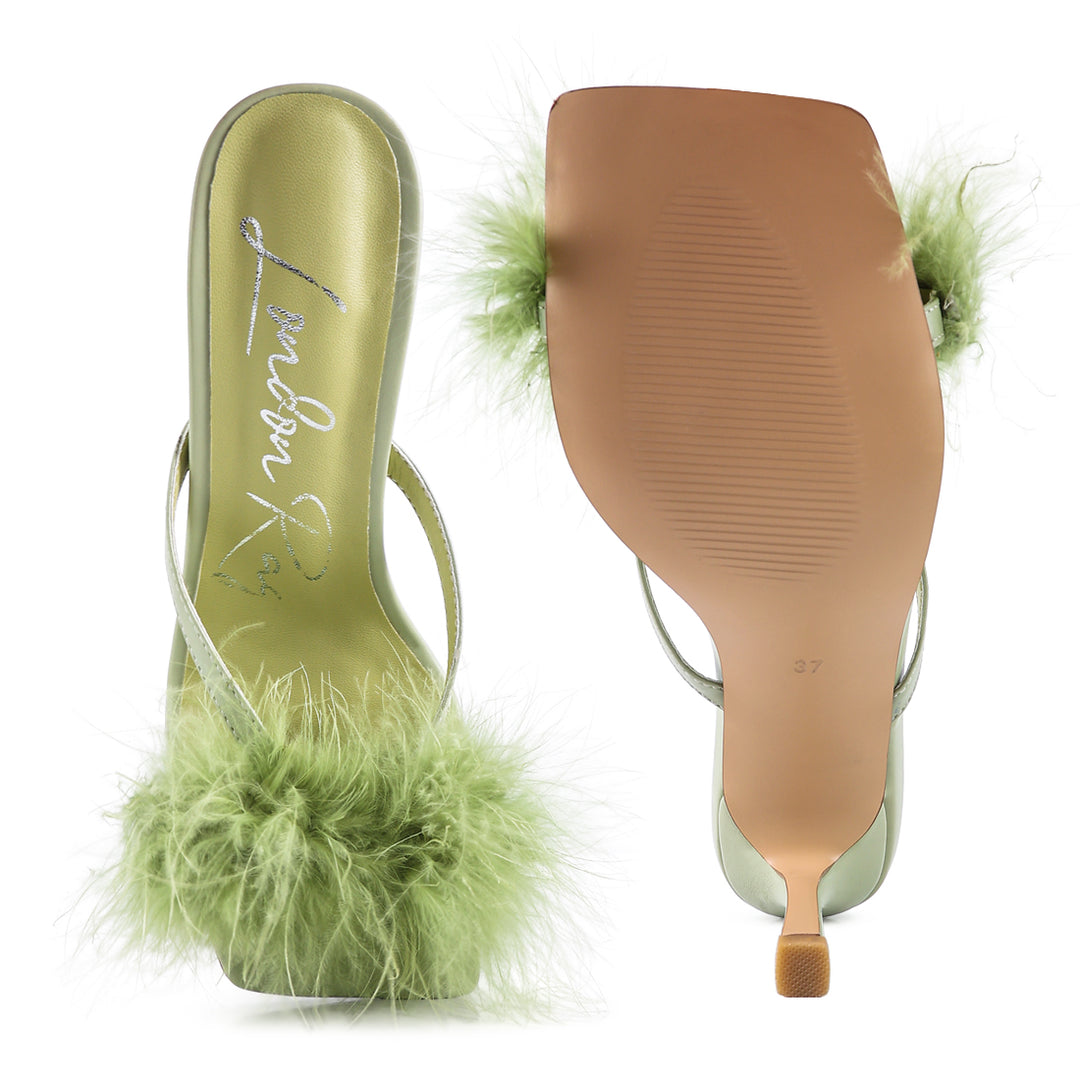 Green Feather Detail Slip-On Sandals