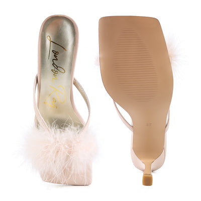 Beige Feather Detail Slip-On Sandals