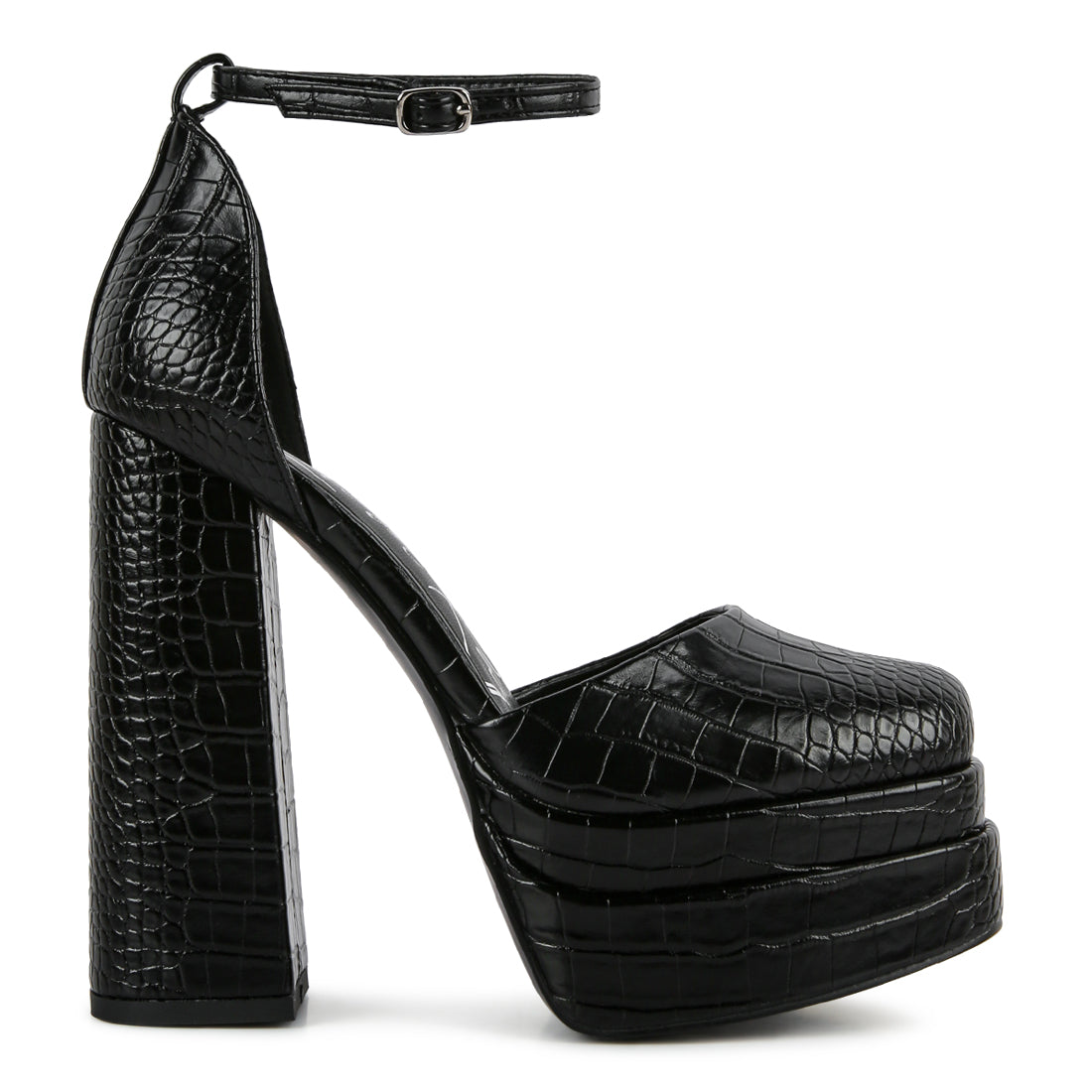 Black Croc Textured High Heeled Block Sandals