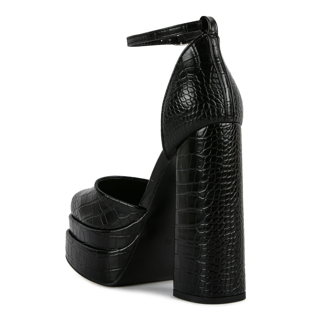 Black Croc Textured High Heeled Block Sandals