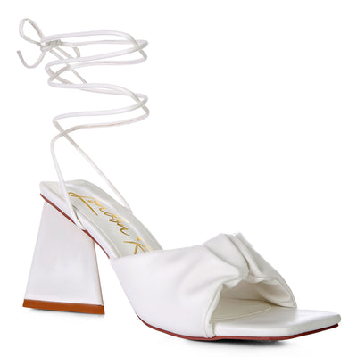 White Ruched Strap Triangular Heel Lace Up Sandal