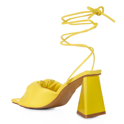 Yellow Ruched Strap Triangular Heel Lace Up Sandal