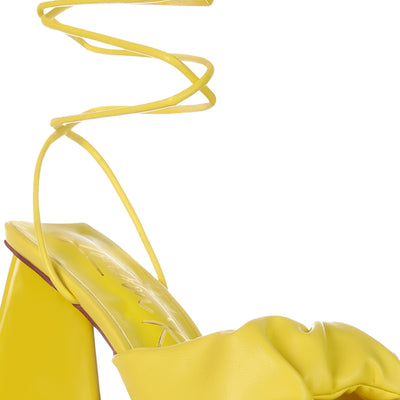Yellow Ruched Strap Triangular Heel Lace Up Sandal