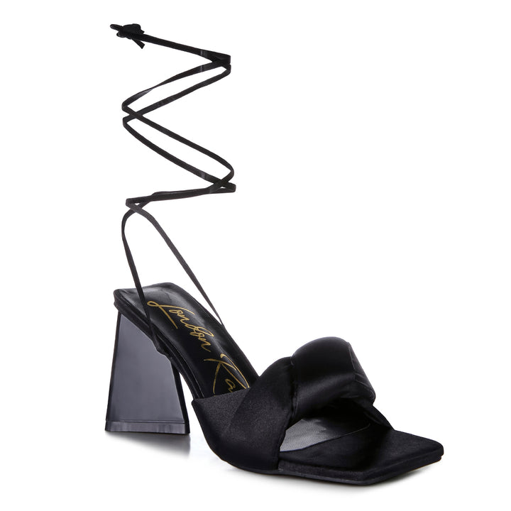 Black Knotted Triangular Block Heel Sandals