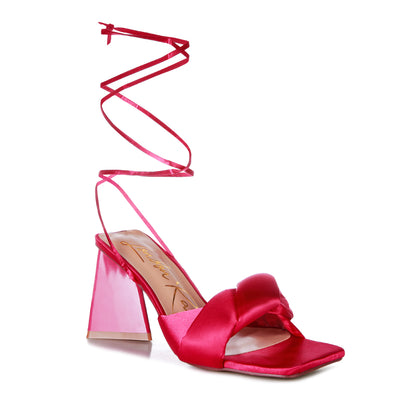 Pink Knotted Triangular Block Heel Sandals