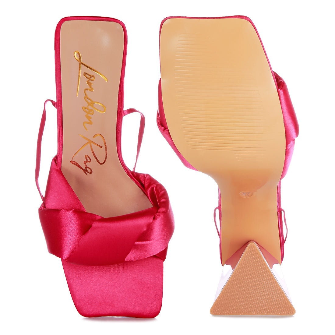 Pink Knotted Triangular Block Heel Sandals