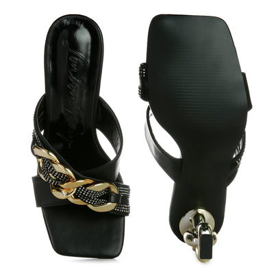 Black Metallic Chain Heeled Diamante Sandals