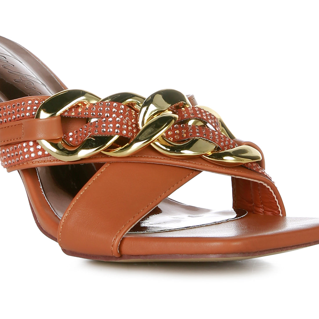 Tan Metallic Chain Heeled Diamante Sandals