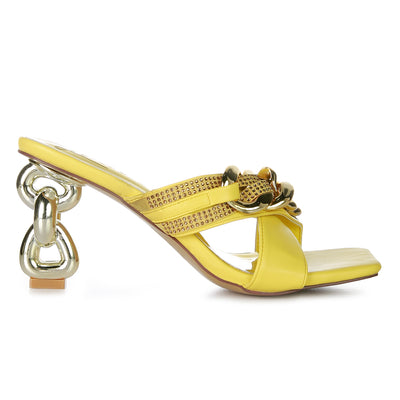 Yellow Metallic Chain Heeled Diamante Sandals