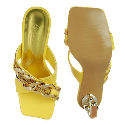 Yellow Metallic Chain Heeled Diamante Sandals