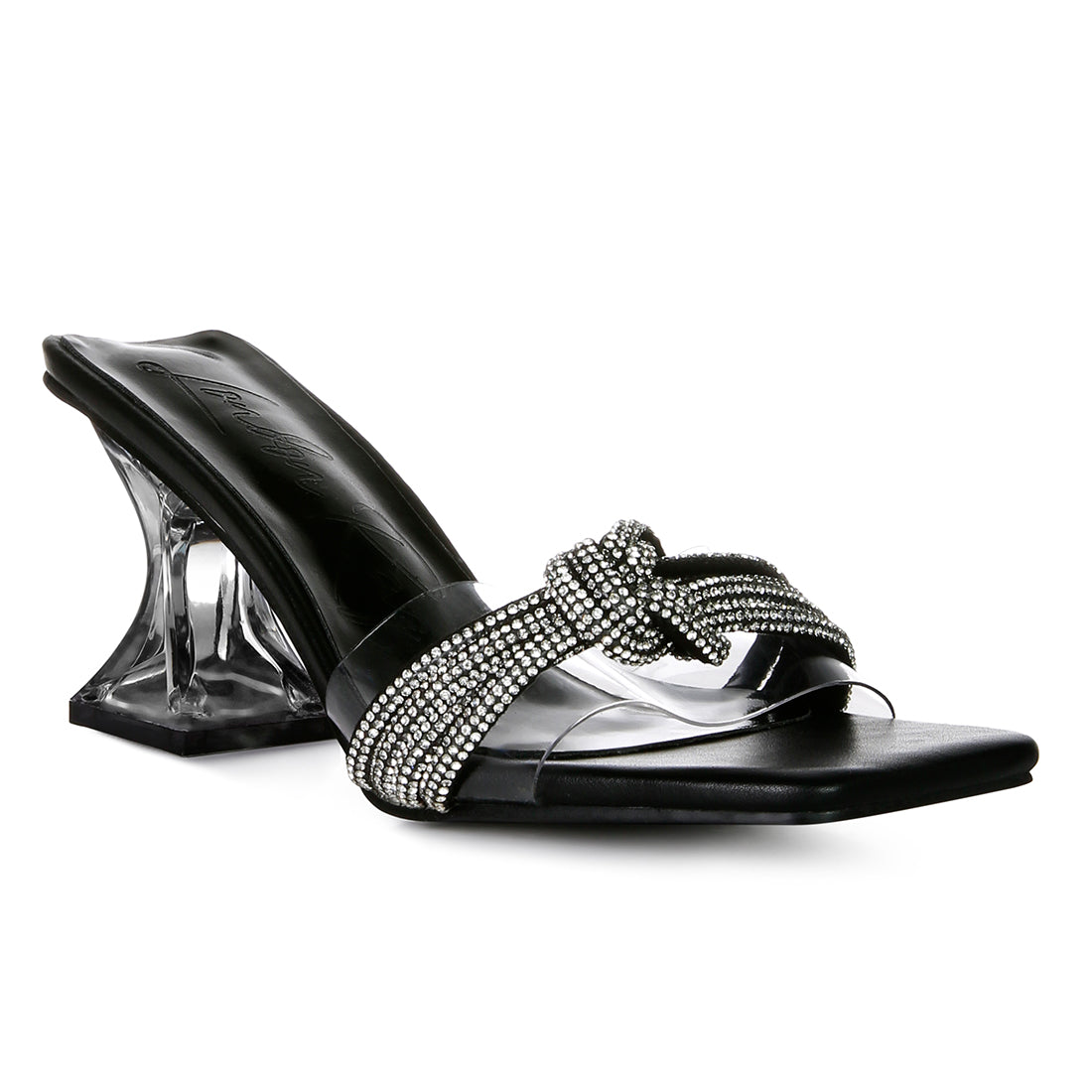 Black Knotted Diamante Strap Spool Heel Sandals