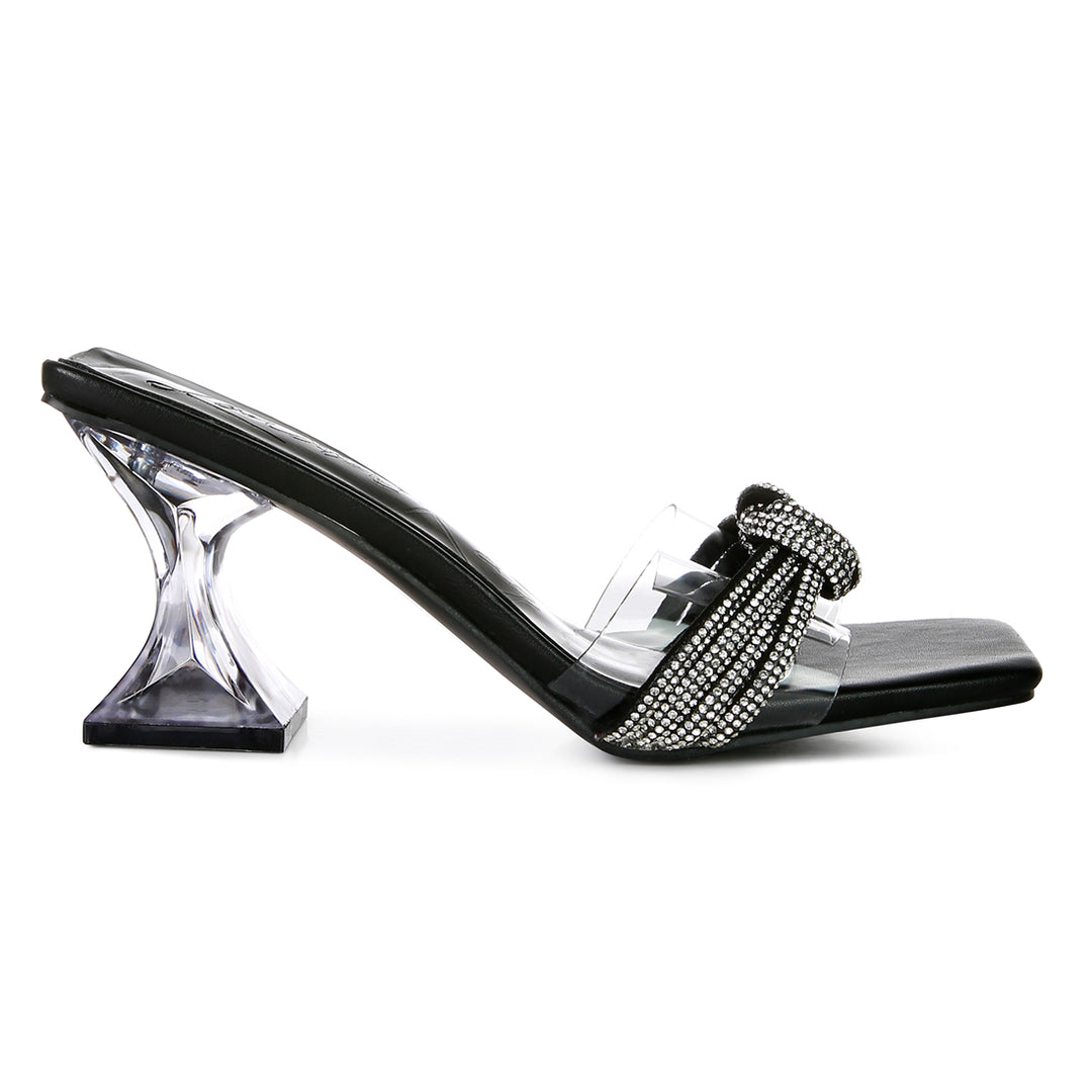 Black Knotted Diamante Strap Spool Heel Sandals