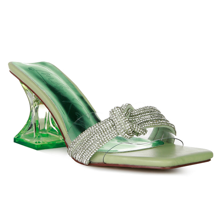 Green Knotted Diamante Strap Spool Heel Sandals