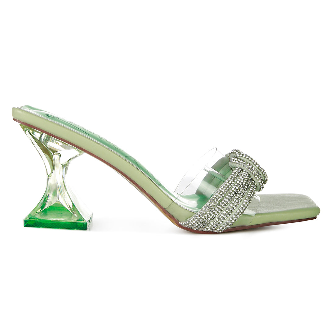 Green Knotted Diamante Strap Spool Heel Sandals