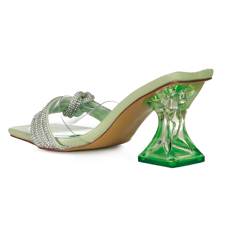 Green Knotted Diamante Strap Spool Heel Sandals