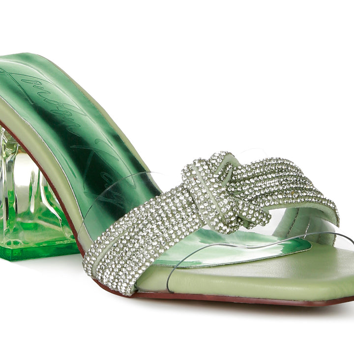 Green Knotted Diamante Strap Spool Heel Sandals