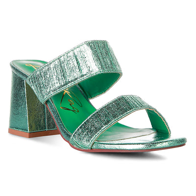 Green High Block Heeled Metallic Sandals