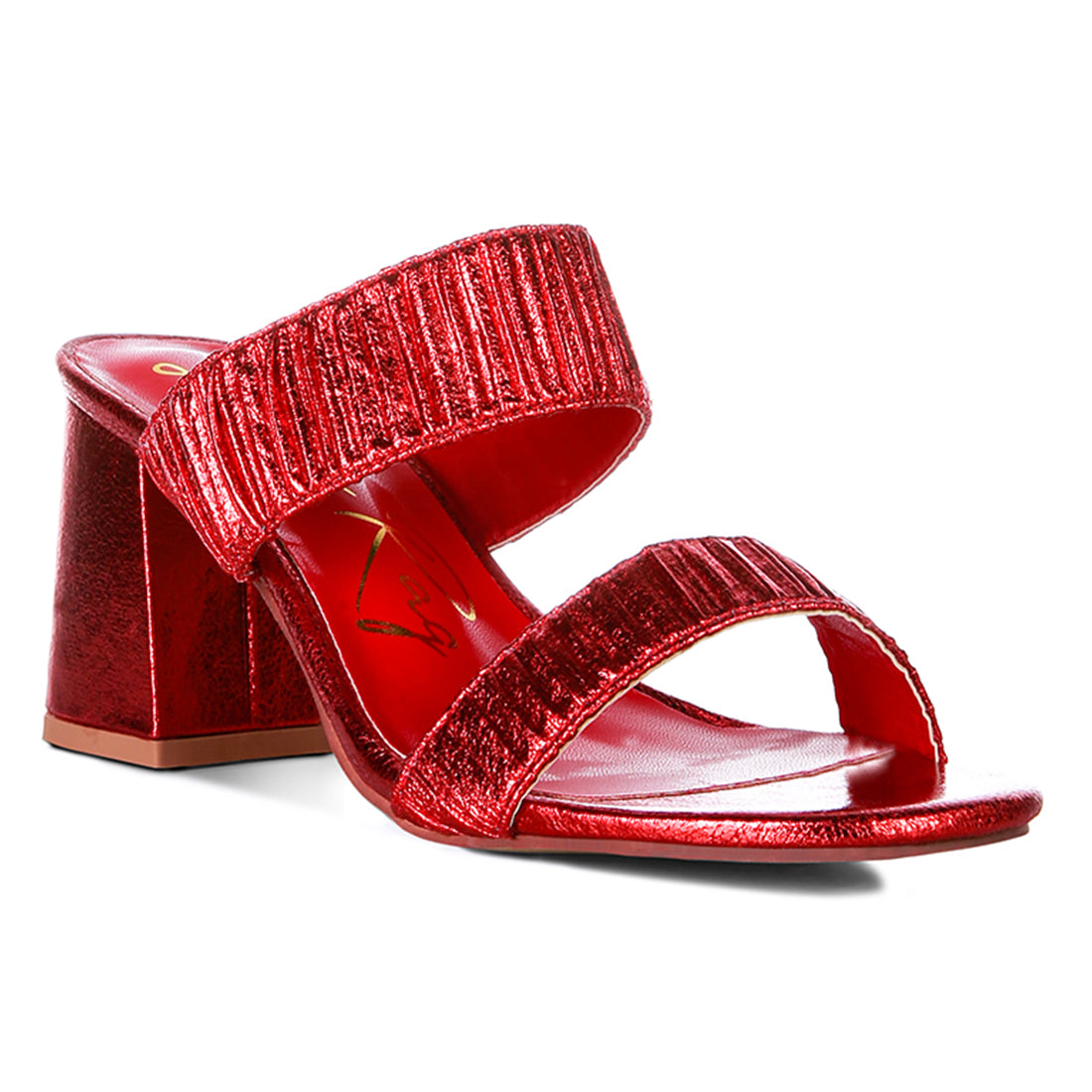 Red High Block Heeled Metallic Sandals