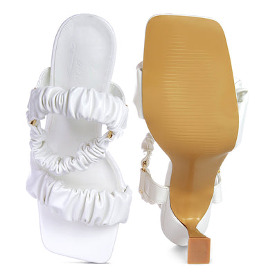 White Ruched Spool Heel Casual Sandals