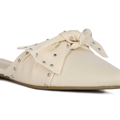 studded bow flat mules#color_beige