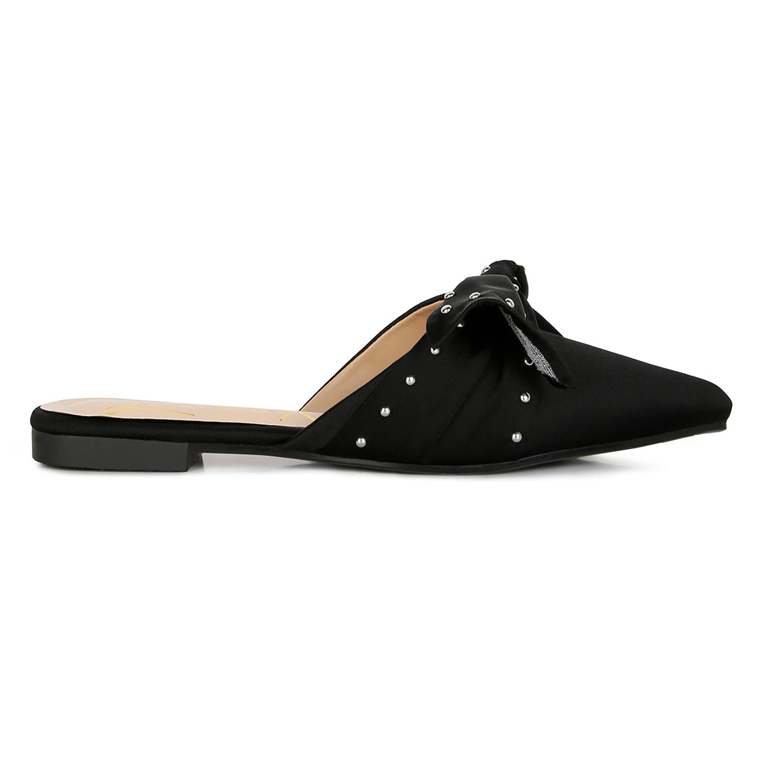 studded bow flat mules#color_black