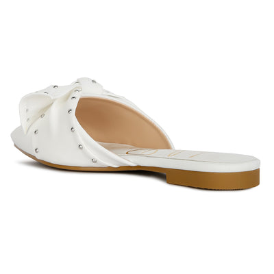 studded bow flat mules#color_white