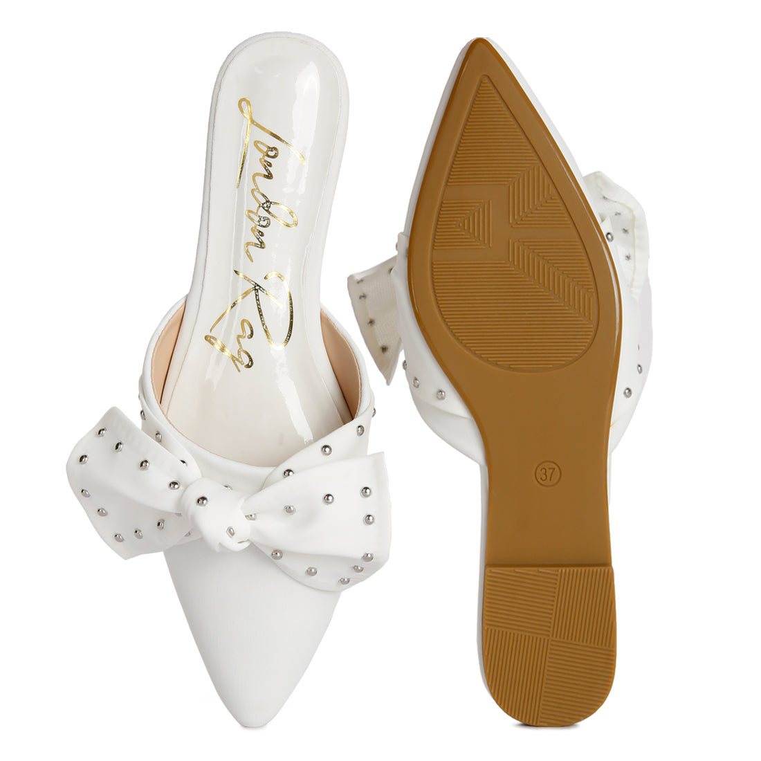 studded bow flat mules#color_white