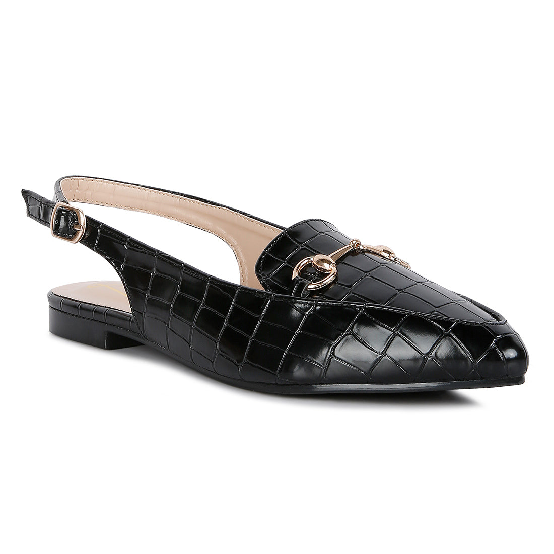 Black Croc Slingback Flat Sandals
