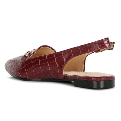 Burgundy Croc Slingback Flat Sandals