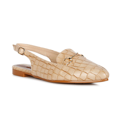 Beige Croc Slingback Flat Sandals