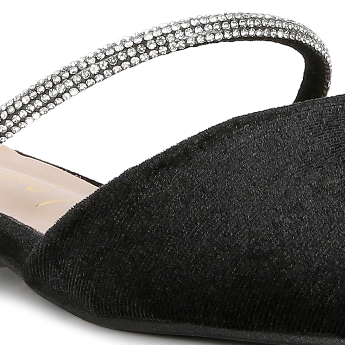 Black Velvet Diamante Detail Flat Mules