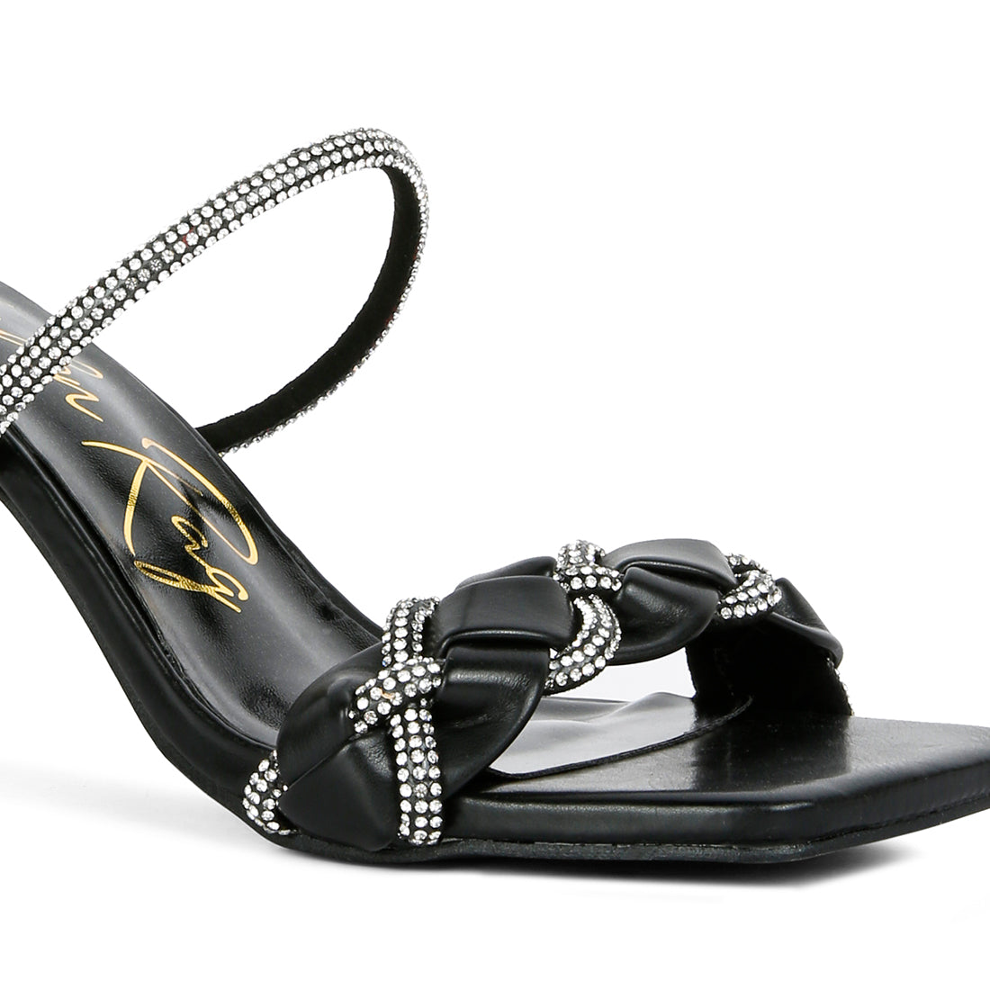 Black Diamante Detail Mid Heel Sandals