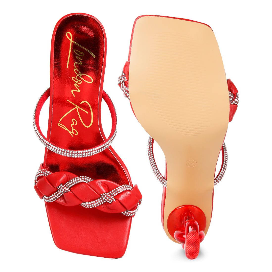 Red Diamante Detail Mid Heel Sandals