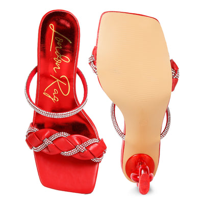 Red Diamante Detail Mid Heel Sandals