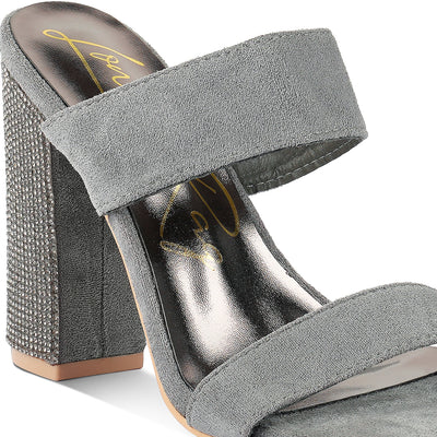 Grey Diamante Set High Block Heeled Sandals