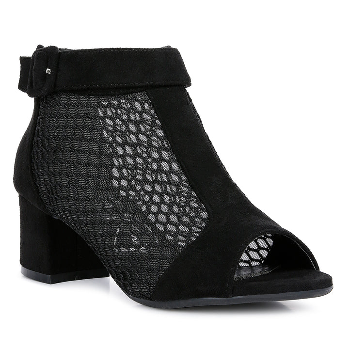 Black Mesh Block Heeled Sandals