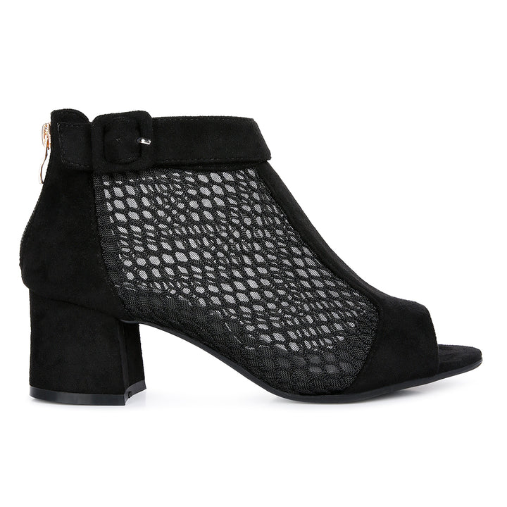 Black Mesh Block Heeled Sandals