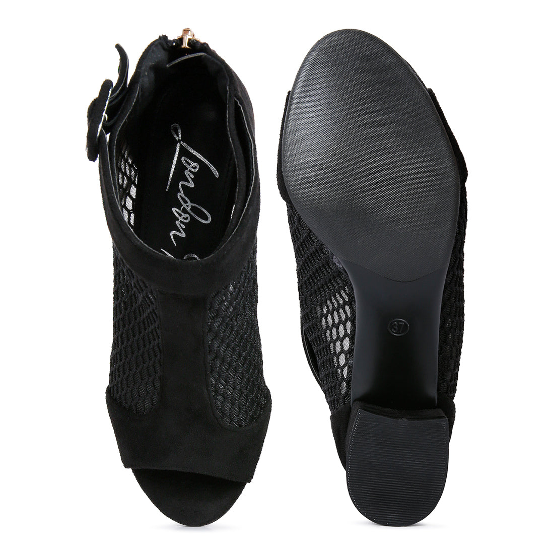 Black Mesh Block Heeled Sandals