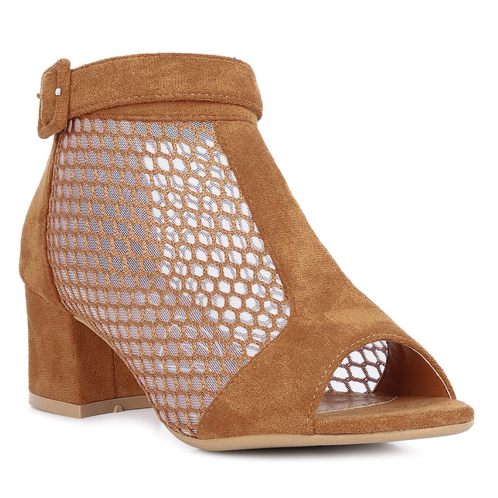 Tan Mesh Block Heeled Sandals