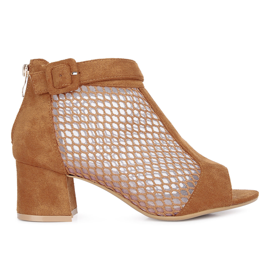 Tan Mesh Block Heeled Sandals