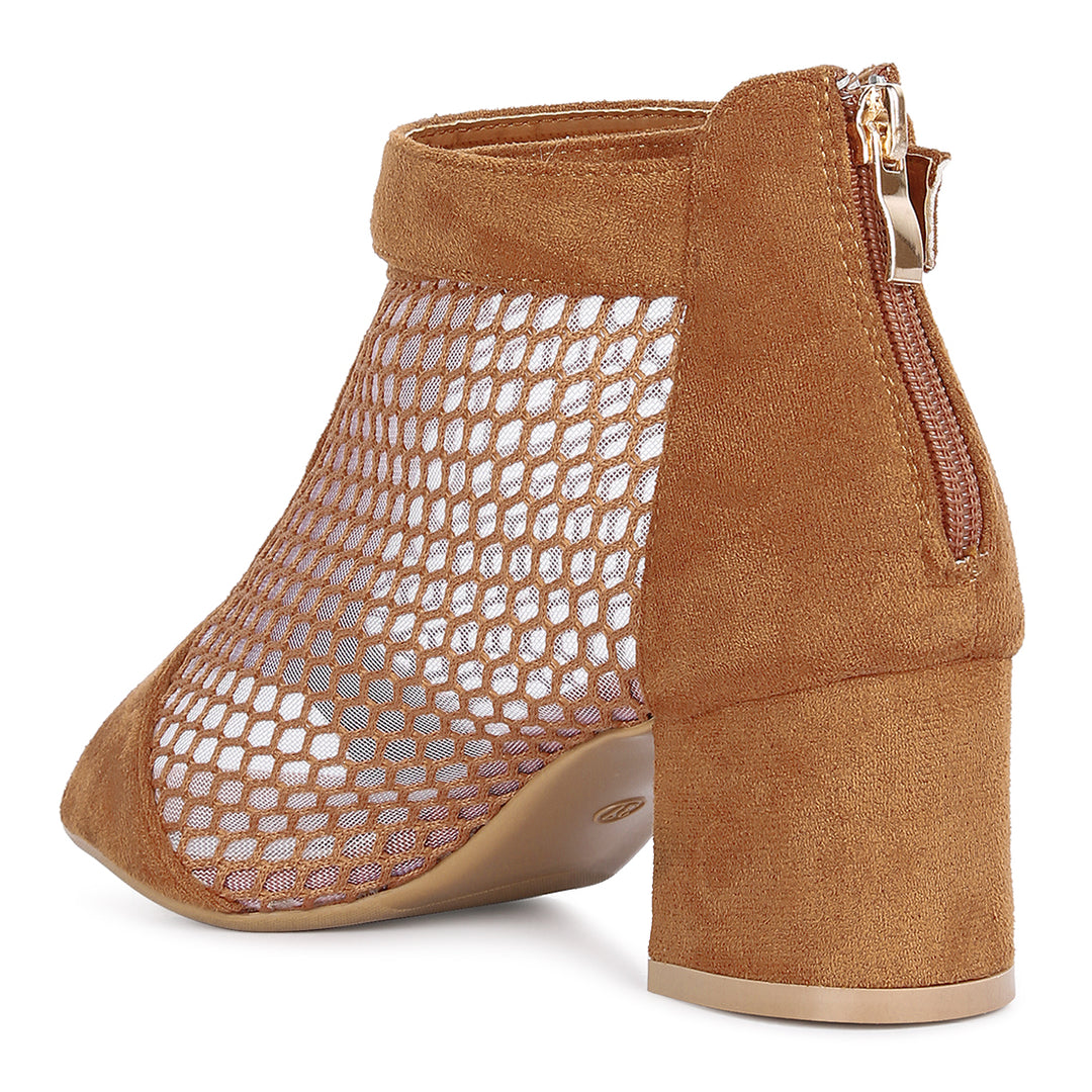 Tan Mesh Block Heeled Sandals