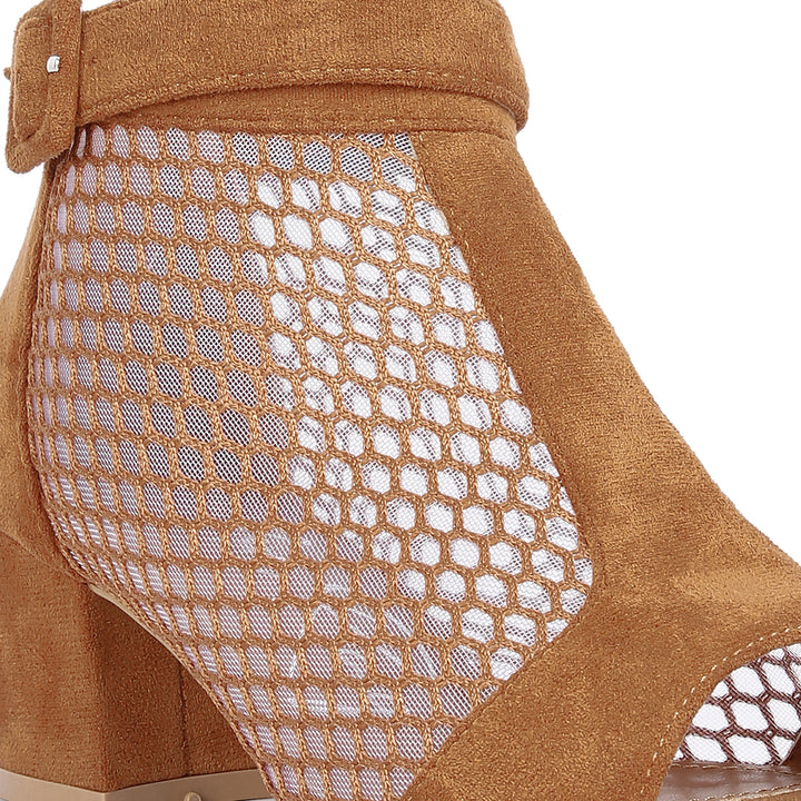 Tan Mesh Block Heeled Sandals